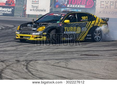 Cracow, Poland - May 18, 2019: Drift Car In Action  At 5th Edition Of Moto Show In Cracow. Poland.