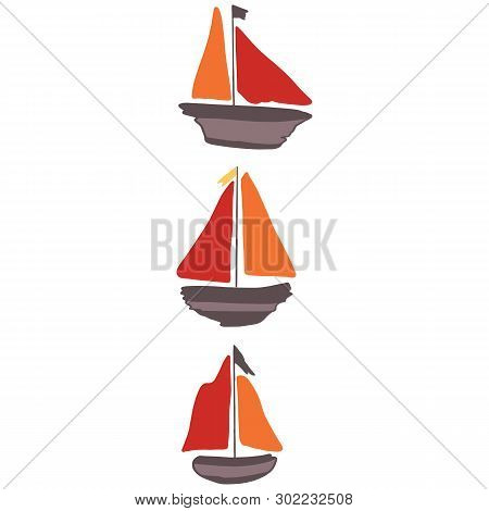 Cute Driftwood Sailboat Group Cartoon Vector Illustration Motif Set. Hand Drawn Isolated Seafaring E