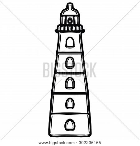 Cute Monochrome Lighthouse Fish Lineart Cartoon Vector Illustration Motif Set. Hand Drawn Isolated C