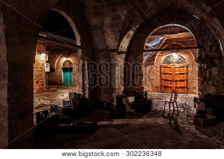 Beautiful old arabic style souk, vintage bazaar at night, no people, traditional ancient Arabic architecture, retail store, tourists attraction, Lebanon