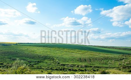 Green Field And Valley, Clouds On The Blue Sky