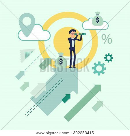 Business Prognosis Symbol. Businessman Watching With Spyglass Future Progress, View Prospective Posi