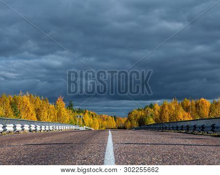 The Highway Through The Autumn Wood In Sunny Day, Mari El, Russia, 88k-002