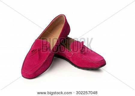 Pink Suede Womans Moccasins Shoes Isolated On White