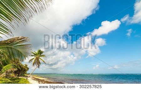 Autre Bord Beach In Guadeloupe Under A Cloudy Sky, French West Indies. Lesser Antilles, Caribbean Se