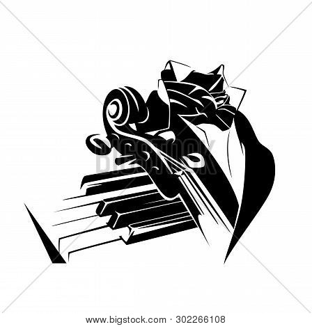 Classical Symphonic Music Performance Concept - Piano Keys, Violin Neck And Elegant Stage Costume Bl