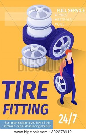 Advertising Text Poster For Tire Fitting Automobile Shop Garage. Isometric Disks, Tires And Wheels I
