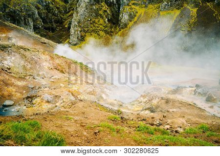 Fumarole Field In Namafjall, Iceland. Geothermal Beauty Landscape.