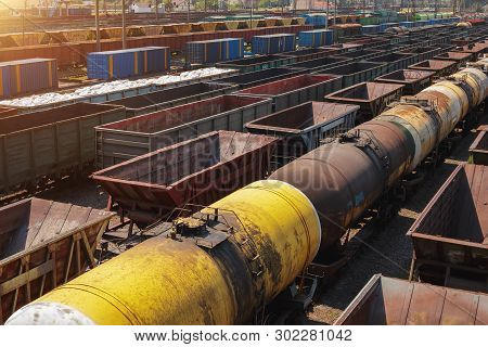 Freight Trains On City Cargo Terminal. Railways In Train Parking. Arain Arrived At The Station. Carg