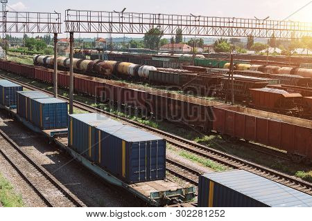 Freight Trains On City Cargo Terminal. Railways In Train Parking. Arain Arrived At The Station. Carg