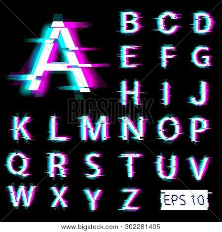 Glitch English Alphabet. Distorted Letters With Broken Pixel Effect. Vector. Eps 10.