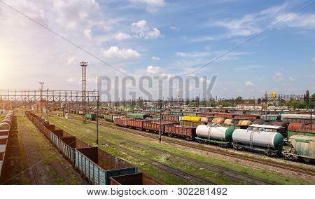 Freight Trains On City Cargo Terminal. Railways In Train Parking. Arain Arrived At The Station. Carg