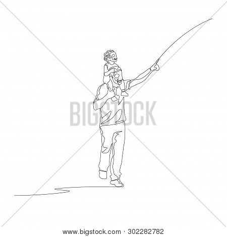 Continuous One Line Father With Son On His Shoulders Points Finger Up