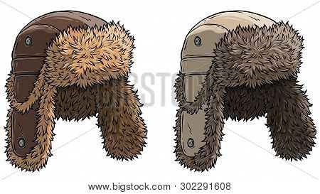 Cartoon Colorful Winter Fur Hat Or Cap With Ear Flaps. Isolated On White Background. Vector Icon Set