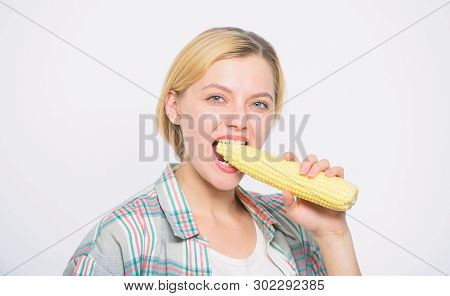 Farm On. Farming, Farmer Girl With Maize. Corn Crop. Vitamin And Dieting Food. Happy Woman Eating Co