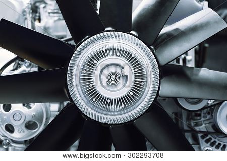 Internal Combustion Engine Automotive, Engine Fragment Close-up Engine Cooling Fan.