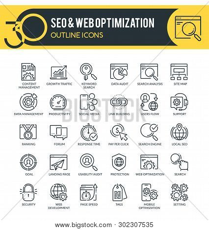 Set Of Outline Icons On Following Themes - Seo Services, Internet Marketing, Web Development, Web Op
