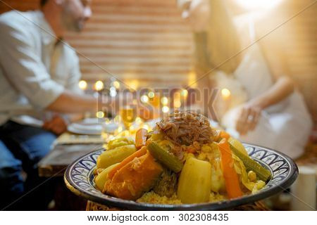 Closeup of typical cuscus dish of Morocco
