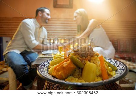 Closeup of typical cuscus dish of Morocco