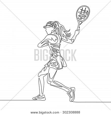 Continuous Line Drawing Woman Tennis Player Swings Racket To Hit The Ball