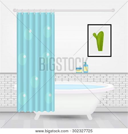 Cozy Modern Bathroom Interior With Bright Curtain, Modern Bathtube, Cactus Picture, Hygiene Products