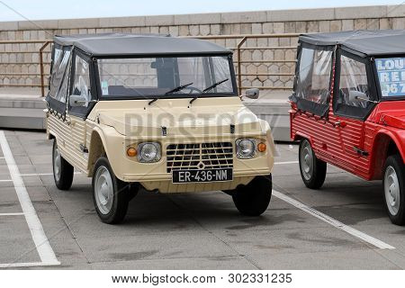 Nice, France - May 21, 2019: Vintage Beige Citroen Mehari (front View) French Car Parked In A Parkin