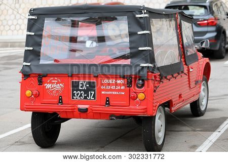 Nice, France - May 21, 2019: Vintage Red Citroen Mehari (rear View) French Car Parked In A Parking L