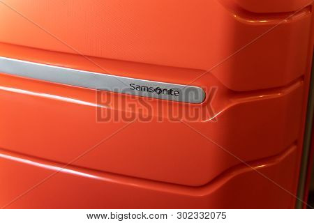 Baltimore, Maryland - May 14, 2019: Close Up Of A Samsonite Brand Logo On An Orange Hard Top Shell S