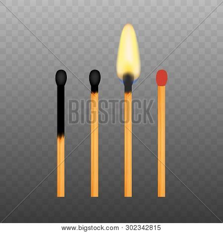 Realistic Burning Match On Transparency Grid Background. Vector Stock Illustration.