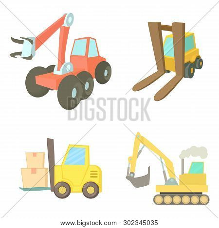 Contruction Vehicle Icon Set. Cartoon Set Of Contruction Vehicle Icons For Web Design Isolated On Wh
