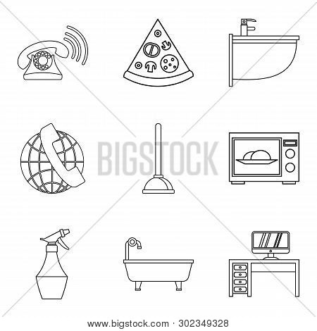 Student Hostel Icons Set. Outline Set Of 9 Student Hostel Icons For Web Isolated On White Background
