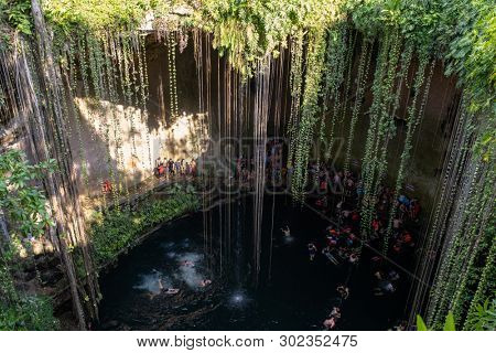 YUCATAN,MEXICO - APRIL 17,2019 : The Ik Kil Cenote near Chichen Itza at the Yucatan Peninsula in Mexico