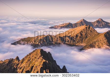 Mountains Landscape With Inversion In The Valley At Sunset As Seen From Rysy Peak In High Tatras, Sl