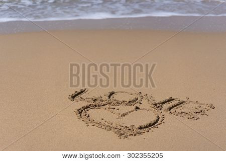 Image Of Heart And Word Love Drawn On Sand  Gerakas Beach In Summer, Zante Island, Greece