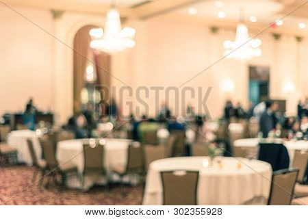Filtered Tone Blurry Background Diverse People At Gala Dinner In Hotel Banquet Room