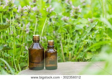 Pharmaceutical Bottle Of Medicine From Thymus Vulgaris, Common Thyme, German, Garden Or Just Thyme O