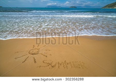 Picture Image Of Sun And Word Summer Drawn On Sand  Gerakas Beach In Summer, Zante Island, Greece