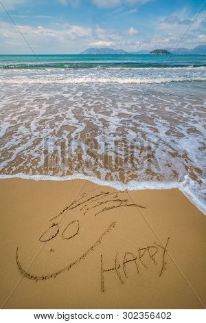 Happy Face Drawn On Sand  Gerakas Beach In Summer, Zante Island, Greece