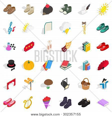 Old Material Icons Set. Isometric Set Of 36 Old Material Icons For Web Isolated On White Background