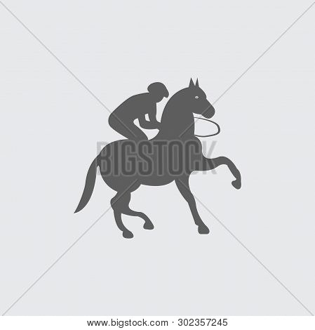 Black Flat Jockey Horce Racing, Horse Riding, Equestrian Vector Icon. Grey Background.