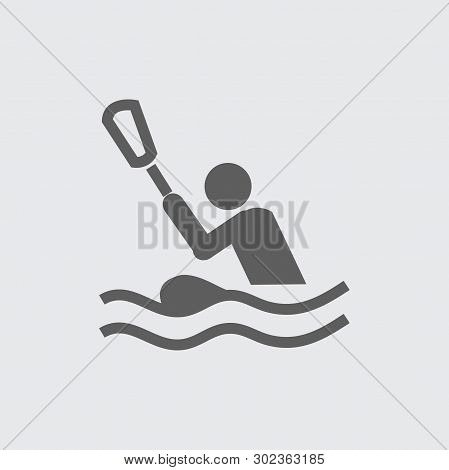 Black Flat Rowing Man, Canoeing Vector Icon. On Grey Background.