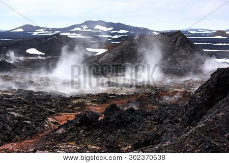 Reeky lavas field in the geothermal valley Leirhnjukur, near Krafla volcano, Iceland. Landscape photography