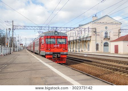 Russian Train On The Platform. Russia, Leningrad Region Lyuban March 24, 2019