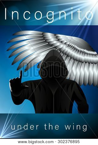 Hooded Man In Black, Incognito Pointing Finger, Front View, Under The Silver Wing Of A Bird With Fea