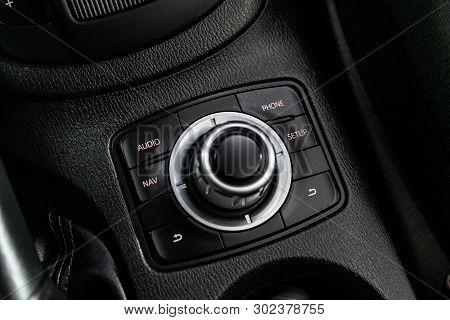 Novosibirsk, Russia - May 20, 2019:  Mazda Cx5, Close-up Of The Aux, Navigator And Other Buttons. Ph