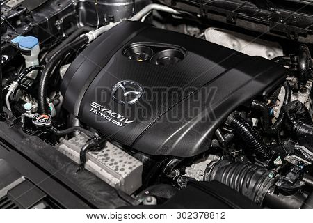 Novosibirsk, Russia - May 20, 2019:  Mazda Cx5, Close-up Of The Engine, Front View. Photography Of A