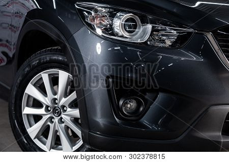 Novosibirsk, Russia - May 20, 2019:  Mazda Cx5, Close-up Of The Headlights. Photography Of A Modern 