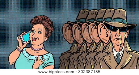 Spies Eavesdropping A Telephone Conversation Women. Comic Cartoon Pop Art Retro Illustration Drawing