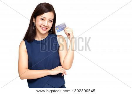 Happy Asian Woman Holding Credit Card Or Cash Advances, Pay Instead Of Money And Specially Curated B