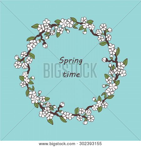 Vector Spring Postcard Template. Spring Time. Spring Flowers And Leaves On The Tree. Round Frame. On